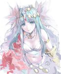  1girl armlet bandeau bare_shoulders blue_eyes blue_hair breasts channemo circlet cleavage diamond_(shape) facial_mark flower forehead_mark hair_flower hair_ornament jewelry long_hair lotus navel necklace parvati_(p&amp;d) puzzle_&amp;_dragons smile solo 