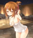  1girl blush breasts brown_eyes brown_hair collarbone folded_ponytail highres inazuma_(kantai_collection) kantai_collection kisa_(k_isa) leaning_foward naked_towel night night_sky onsen sky solo star_(sky) starry_sky towel 