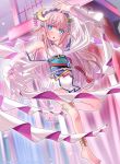  1girl anklet barefoot blue_eyes copyright_name crescent dancing detached_sleeves dress jewelry long_hair open_mouth pink_hair sakuya_tsuitachi solo tenka_touitsu_chronicle 