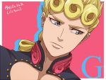  1boy blonde_hair blue_eyes curly_hair giorno_giovanna jojo_no_kimyou_na_bouken parody ruchi solo style_parody tiger_&amp;_bunny 