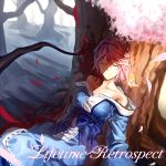  1girl against_tree bare_shoulders blood blood_on_face blue_dress butterfly cherry_blossoms closed_eyes collarbone corpse dress forest large_breasts long_sleeves nature no_hat off_shoulder petals pink_hair saigyouji_yuyuko sash smile solo touhou tree uu_uu_zan wide_sleeves 