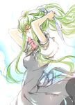 1girl adjusting_hair air breasts c.c. code_geass cosplay creayus dress green_hair hair_ribbon kamio_misuzu ponytail ribbon solo tying_hair yellow_eyes 