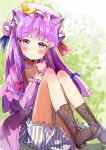  1girl animal_ears blush book boots cat_ears crescent_hair_ornament cross-laced_footwear gomibox hair_ornament hair_ribbon kemonomimi_mode lace-up_boots long_hair looking_at_viewer mob_cap object_hug patchouli_knowledge purple_hair ribbon sitting solo touhou violet_eyes 