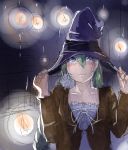  1girl alice_carroll aria blue_eyes candle casual chalos floating_object green_hair hair_between_eyes hands_on_headwear hat highres holding holding_hat looking_up solo witch_hat 