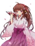  1girl brown_hair fan japanese_clothes kimono little_busters!! lliissaawwuu2 long_hair natsume_rin ponytail red_eyes 