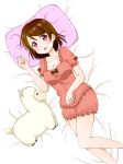 1girl absurdres alpaca breasts brown_hair cleavage highres koizumi_hanayo looking_at_viewer love_live!_school_idol_project lying on_bed open_mouth pajamas pillow satoharu short_hair solo stuffed_animal stuffed_toy violet_eyes 
