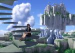  1girl artist_request brown_hair building clouds fantasy original plant scenery short_hair sitting sky solo stairs 