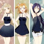  3girls :d absurdres armpits azuko_(ampenm) belt blue_eyes bow dress earrings hair_bow hand_to_own_mouth highres jewelry kousaka_honoka looking_at_viewer love_live!_school_idol_project minami_kotori multiple_girls open_mouth pose short_shorts shorts smile sonoda_umi space_print tagme 
