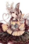  1girl absurdres blurry bow frilled_skirt frills hat heart highres komeiji_koishi long_hair looking_up marker_(medium) muted_color open_mouth simple_background skirt smile solo third_eye touhou traditional_media upper_body white_background wiriam07 