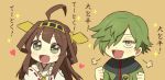  1boy 1girl ahoge brown_eyes brown_hair chibi crossover green_eyes green_hair hair_bun hair_over_one_eye hairband heart kantai_collection kongou_(kantai_collection) long_hair nontraditional_miko shiwo_(siwosi) short_hair sparkle sparkling_eyes touken_ranbu uguisumaru 