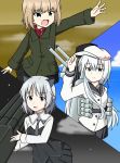  3girls animal_ears aqua_hair black_skirt brown_eyes cam_(come489) cat_ears fang flat_cap girls_und_panzer green_eyes hammer_and_sickle hat hibiki_(kantai_collection) kantai_collection katyusha long_hair long_sleeves military military_uniform multiple_girls neckerchief open_mouth pleated_skirt rocket_launcher sailor_collar sanya_v_litvyak school_uniform serafuku short_hair silver_hair skirt strike_witches uniform verniy_(kantai_collection) weapon 