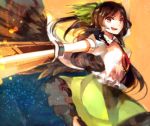  1girl arm_cannon arm_up black_hair black_wings blurry cape hair_ornament hair_ribbon long_hair looking_at_viewer open_mouth orange_background outstretched_arm ponytail red_eyes reiuji_utsuho ribbon shirt skirt smirk solo tau_(llltau) third_eye touhou weapon wings 