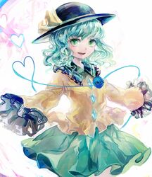  1girl eyeball green_eyes green_hair hat hat_ribbon heart heart_of_string komeiji_koishi long_sleeves looking_at_viewer open_mouth ribbon shirt short_hair skirt smile solo string tau_(llltau) third_eye touhou wide_sleeves 