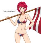  1girl aikatsu! american_flag american_flag_bikini bikini flag flag_print hakuyou-choun highres ichinose_kaede red_eyes redhead short_hair swimsuit 