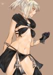  1girl animal_ears armlet bandaid bandaid_on_face breasts choker clenched_hand cowboy_shot doraeshi facial_mark final_fantasy final_fantasy_xiv garter_straps highres lips midriff miqo&#039;te mound_of_venus navel open_mouth ponytail profile simple_background solo thigh-highs white_hair 