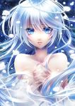  1girl blue_eyes hands_clasped long_hair original silver_hair solo topless ueno_tsuki 