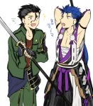  2boys black_hair blue_hair cosplay fate/stay_night fate/zero fate_(series) kusazuri lancer lancer_(fate/zero) multiple_boys naginata otegine otegine_(cosplay) parody polearm ruchi tonbokiri_(touken_ranbu) tonbokiri_(touken_ranbu)_(cosplay) touken_ranbu weapon 