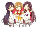  3girls akakura ascot blue_hair blush brown_hair cookie food green_eyes hand_on_another&#039;s_shoulder happy_valentine heart-shaped_food hoshizora_rin long_hair long_sleeves looking_at_viewer love_live!_school_idol_project mouth_hold multiple_girls necktie one_eye_closed paw_pose purple_hair sailor_collar scrunchie short_hair sonoda_umi toujou_nozomi twintails yellow_eyes 