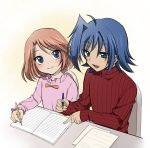 1boy 1girl ahoge blue_eyes brother_and_sister brown_hair cardfight!!_vanguard highres open_mouth sendou_aichi sendou_emi shijimi_(outa) short_hair siblings sweater turtleneck 