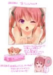  1girl hair_ribbon kakuno naughty_face one_eye_closed open_mouth original pink_hair redhead ribbon solo tissue tissue_box tongue tongue_out translation_request twintails violet_eyes 
