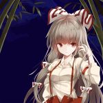  1girl bamboo bamboo_forest bow clouds forest fujiwara_no_mokou hair_bow hair_ribbon hand_in_hair juliet_sleeves long_hair long_sleeves looking_at_viewer nature night note_(aoiro_clip) open_fly pants puffy_sleeves red_eyes ribbon shirt silver_hair sky solo suspenders touhou tress_ribbon unzipped very_long_hair 