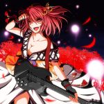  alternate_color black_gloves breasts cleavage collarbone electric_guitar fingerless_gloves flower fuoco glint gloves guitar hair_bobbles hair_ornament highres instrument large_breasts off_shoulder onozuka_komachi open_mouth red_eyes redhead short_hair spider_lily touhou twintails 