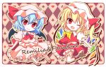  2girls ;d ascot bat_wings blonde_hair blue_hair blush chibi clubs_(playing_card) diamonds_(playing_card) fang flandre_scarlet heart hearts_(playing_card) kashiwadokoro layered_dress mob_cap multiple_girls one_eye_closed open_mouth red_eyes remilia_scarlet short_hair siblings side_ponytail sisters slit_pupils smile spades_(playing_card) touhou wings 