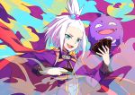  1girl alternate_costume blue_eyes card fang freckles gym_leader hair_bobbles hair_ornament homika_(pokemon) koffing looking_at_viewer open_mouth pokemon pokemon_(creature) pokemon_(game) pokemon_bw2 short_hair smoke solo topknot transistor white_hair 