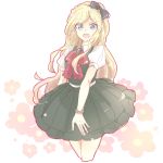  1girl blonde_hair blue_eyes bow bracelet braid brooch dangan_ronpa french_braid green_skirt hair_bow jewelry long_hair looking_at_viewer open_mouth ponytail short_sleeves skirt smile solo sonia_nevermind super_dangan_ronpa_2 very_long_hair zawameki 