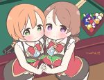  2girls alternate_hairstyle between_breasts billiards blush bowtie brown_hair card card_between_breasts commentary_request cue_stick green_eyes holding_hands hoshizora_rin koizumi_hanayo looking_at_viewer love_live!_school_idol_project multiple_girls orange_hair pool_table scrunchie short_hair short_twintails twintails ususa70 violet_eyes 