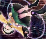  1girl boots bow dutch_angle eyeball green_eyes green_hair hat hat_bow heart komeiji_koishi long_sleeves looking_at_viewer open_mouth outstretched_arms shirt short_hair skirt smile solo string tau_(llltau) third_eye touhou upside-down wide_sleeves 