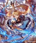  1girl blonde_hair blue_eyes crown gauntlets highres lee_hyeseung long_hair pointy_ears shingeki_no_bahamut sword weapon 