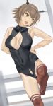  1girl breasts brown_hair cleavage front_zipper_swimsuit green_eyes headgear highres kantai_collection kurorichin mutsu_(kantai_collection) one-piece_swimsuit open_mouth short_hair solo swimsuit 