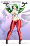  1girl alternate_costume arms_behind_head bat boots breasts casual cleavage collarbone crop_top full_body green_eyes green_hair jorge_cabellos large_breasts lips long_hair midriff morrigan_aensland navel pants solo toned vampire_(game) zoom_layer 