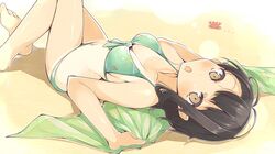  1girl bikini black_hair brown_eyes crab front-tie_bikini front-tie_top highres looking_at_viewer mizoguchi_keiji navel nisekoi solo swimsuit tan tanline towel 