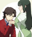  1boy 1girl brown_hair couple facial_hair fate/zero fate_(series) goatee green_hair hand_kiss hetero husband_and_wife kiss long_hair ruchi shawl toosaka_aoi toosaka_tokiomi 