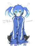  1girl :t aqua_eyes black_skirt blue_hair blush ene_(kagerou_project) headphones kagerou_project long_hair looking_at_viewer short_hair skirt sleeves_past_wrists track_jacket twintails 