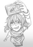  1girl :d artist_request camera dual_persona eto_(tokyo_ghoul) glasses highres holding holding_camera hood long_sleeves monochrome open_mouth over-rim_glasses perspective self_shot semi-rimless_glasses short_hair smile solo tokyo_ghoul 
