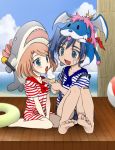  1boy 1girl ascot barefoot blue_eyes brother_and_sister brown_hair cardfight!!_vanguard feeding food hat ice_cream microphone open_mouth sendou_aichi sendou_emi shijimi_(outa) short_hair siblings smile wingal 