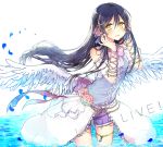  1girl akakura angel_wings arm_wrap armband blue_hair bow copyright_name flower hair_flower hair_ornament hair_ribbon hairpin hands_up headset in_water long_hair looking_at_viewer love_live!_school_idol_project petals ribbon shorts solo sonoda_umi tears thigh_strap very_long_hair wings yellow_eyes 