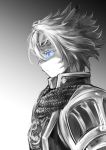  1girl animal_ears armor backlighting blue_eyes chainmail circlet doraeshi facial_mark final_fantasy final_fantasy_xi glowing glowing_eyes gradient gradient_background highres mithra paladin_(final_fantasy) pauldrons profile serious short_hair sketch solo spiky_hair upper_body white_hair 