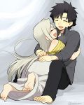  1boy 1girl barefoot black_hair couple dress emiya_kiritsugu fate/zero fate_(series) hetero hug irisviel_von_einzbern ruchi white_hair 