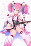  1girl animal_ears blue_eyes blue_hair blush guitar hato_haru instrument looking_at_viewer open_mouth pink_hair show_by_rock!! smile solo tail 
