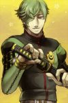  1boy green_eyes green_hair hair_over_one_eye katana ruchi sheath sheathed solo sword touken_ranbu uguisumaru weapon 