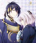  2boys black_gloves black_hair blue_eyes checkered checkered_background gloves hand_on_another&#039;s_head honebami_toushirou japanese_clothes m1a1 male_focus mikazuki_munechika military military_uniform multiple_boys petals smile touken_ranbu uniform violet_eyes white_gloves white_hair 