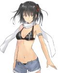  1girl armband bikini black_bikini black_hair breasts brown_eyes cowboy_shot hair_ornament isshiki_(ffmania7) kantai_collection navel open_fly scarf sendai_(kantai_collection) short_shorts shorts simple_background smile solo swimsuit two_side_up unzipped white_background white_scarf 