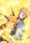  1boy blonde_hair blue_eyes blurry collarbone denji_(pokemon) depth_of_field electricity fang hands_in_pockets highres hug looking_at_viewer pokemon pokemon_(creature) pokemon_(game) raichu tail transistor 