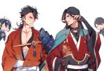  4boys black_hair blue_eyes braid brown_hair chibi horikawa_kunihiro izumi-no-kami_kanesada japanese_clothes mikazuki_munechika multiple_boys mutsu-no-kami_yoshiyuki naked_cat side_braid sode touken_ranbu yellow_eyes 