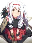  1girl airplane alternate_hairstyle armor brown_gloves flight_deck gloves hairband kantai_collection long_hair looking_at_viewer ogipote shirt shoukaku_(kantai_collection) silver_hair single_glove sitting skirt solo twintails v_arms very_long_hair wariza younger 