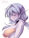  1girl bare_shoulders blue_hair blush bra breasts chain closed_eyes collar completion_time elf large_breasts low_twintails maullarmaullar no_lineart original pointy_ears purple_skin sigh slave solo strapless_bra twintails underwear upper_body 